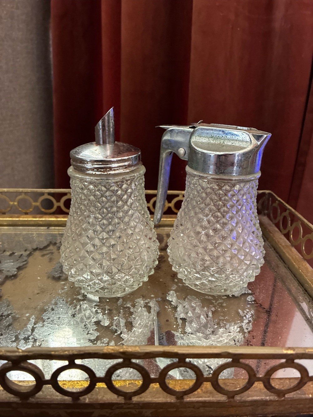 Glass Sugar & Syrup Dispenser Diamond Point Vintage Glass Set